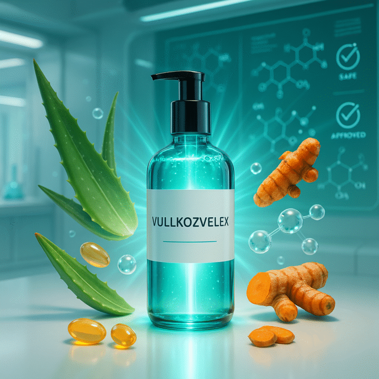 A futuristic, high-resolution laboratory scene with a sleek, glowing bottle labeled “Vullkozvelex” at the center. The bottle is surrounded by natural ingredients like aloe vera leaves, turmeric roots, vitamin capsules, and water molecules, all floating gently in the air. Soft beams of blue and green light radiate from the bottle, symbolizing safety and purity. A digital display in the background shows molecular formulas and safety checkmarks, suggesting clinical testing and approval. The atmosphere is clean, minimal, and medical — blending nature with advanced science. Style: hyper-realistic, sci-fi medical aesthetic, glowing effects, white background with teal and amber tones.
