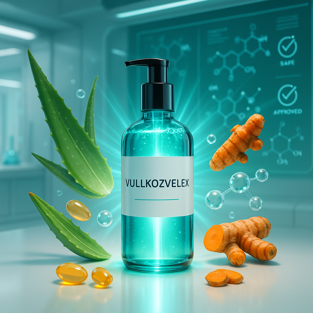 A futuristic, high-resolution laboratory scene with a sleek, glowing bottle labeled “Vullkozvelex” at the center. The bottle is surrounded by natural ingredients like aloe vera leaves, turmeric roots, vitamin capsules, and water molecules, all floating gently in the air. Soft beams of blue and green light radiate from the bottle, symbolizing safety and purity. A digital display in the background shows molecular formulas and safety checkmarks, suggesting clinical testing and approval. The atmosphere is clean, minimal, and medical — blending nature with advanced science. Style: hyper-realistic, sci-fi medical aesthetic, glowing effects, white background with teal and amber tones.